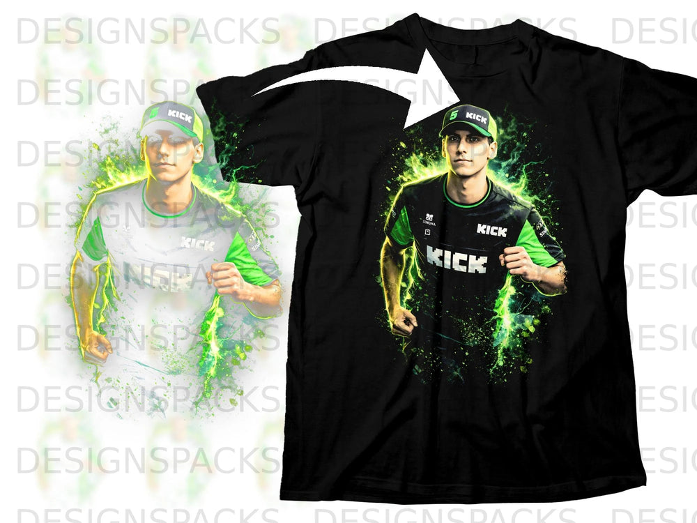 Black t-shirt featuring a graphic of a man in a "KICK" hat and shirt.