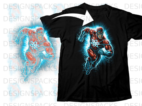 Black t-shirt with Atomic Man graphic in blue and red energy.