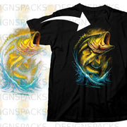 Black t-shirt with a dynamic, yellow and white bass jumping from blue water.