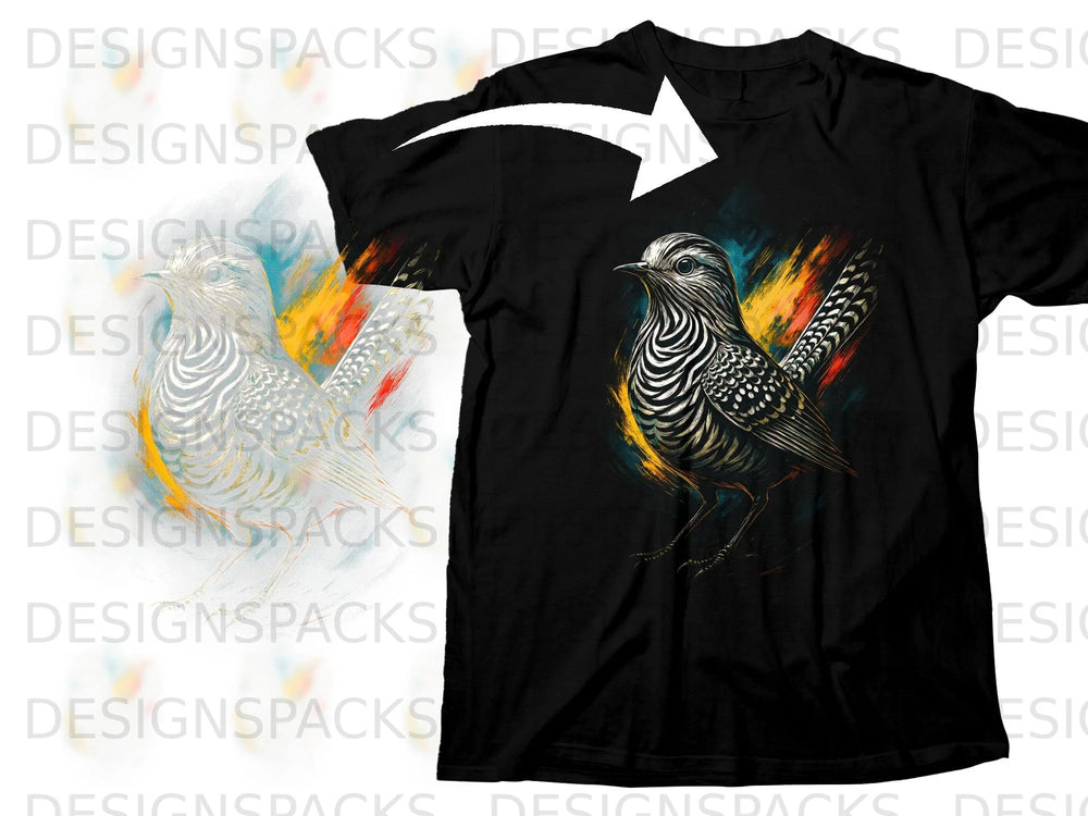 Black t-shirt with abstract bird graphic and colorful brushstrokes.