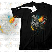 Black t-shirt with abstract bird graphic and colorful brushstrokes.