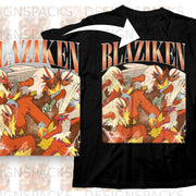 Black t-shirt with a "Blaziken" graphic featuring multiple orange bird-like creatures.