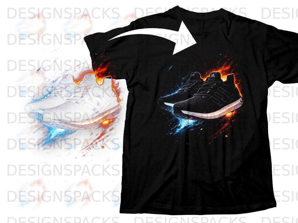 Black t-shirt with a graphic of black Adidas sneakers surrounded by fire and blue energy.