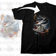 Black t-shirt with a graphic of a fish jumping with its mouth open.