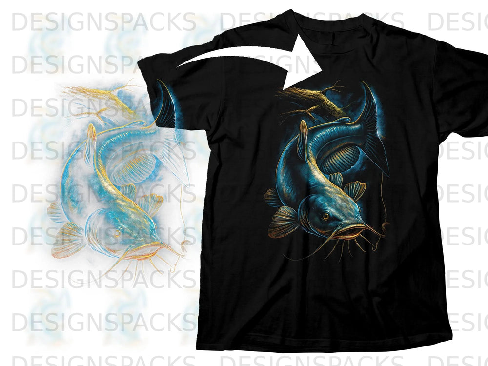 Black t-shirt with a detailed blue catfish graphic on a dark background.