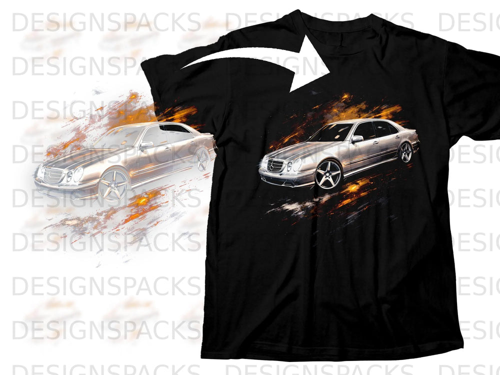 Black t-shirt with graphic of a silver sedan with flames and paint splatters.