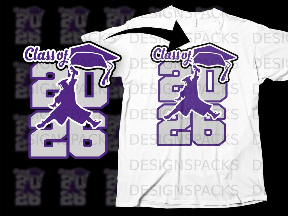 Purple graphic of graduation cap and "Class of 2026" on t-shirt.