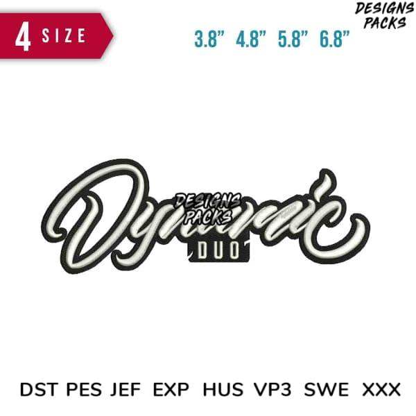 Dynamic Duo embroidery design in 4 sizes, compatible with DST PES JEF formats for instant download.
