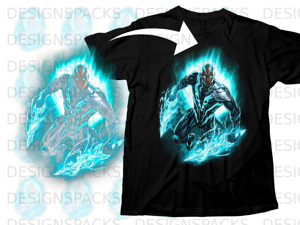 Black t-shirt featuring a superhero with glowing blue energy and lightning effects.