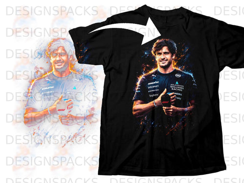 Black t-shirt with a watercolor portrait of a smiling man holding a table tennis paddle.