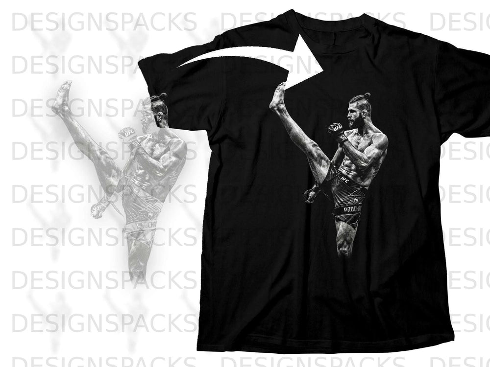 Black t-shirt with a monochrome graphic of a UFC fighter performing a kick.