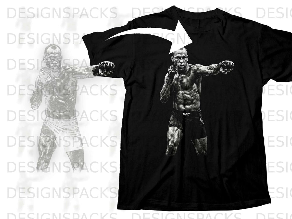 Black t-shirt with a black and white graphic of an MMA fighter.