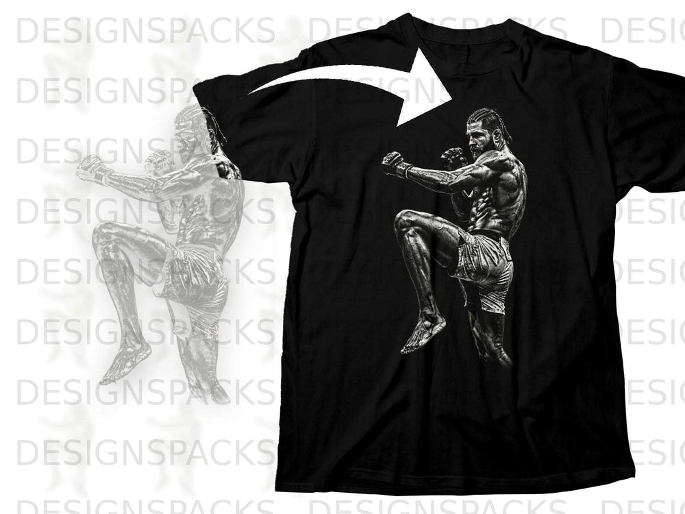 Black t-shirt with a sketch of a muscular fighter in a fighting stance.