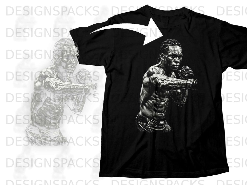 Black t-shirt featuring a black and white graphic of a fighter in a boxing stance.