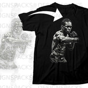 Black t-shirt featuring a black and white graphic of a fighter in a boxing stance.