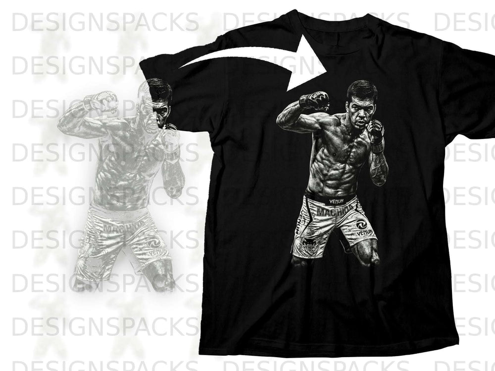 Black t-shirt with graphic of a muscular fighter in fighting stance.
