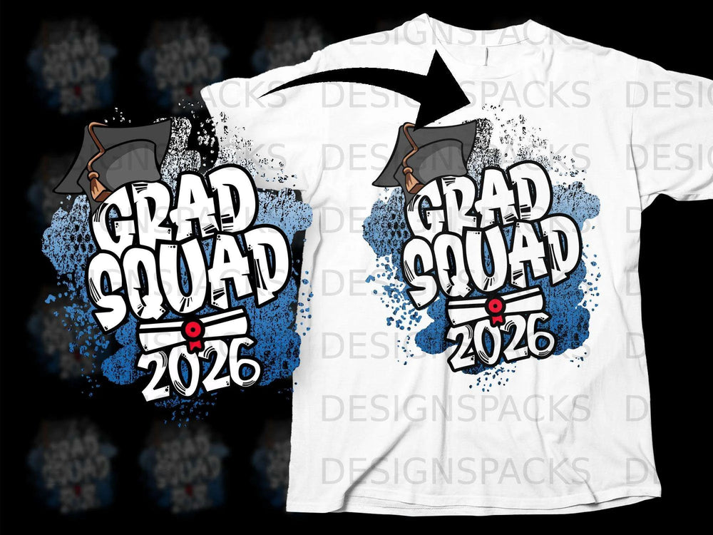 Grad Squad 2026 graphic with graduation cap and diploma on a white t-shirt.