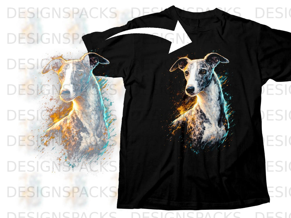 Black t-shirt featuring a brindle dog's portrait with vibrant paint splatters.