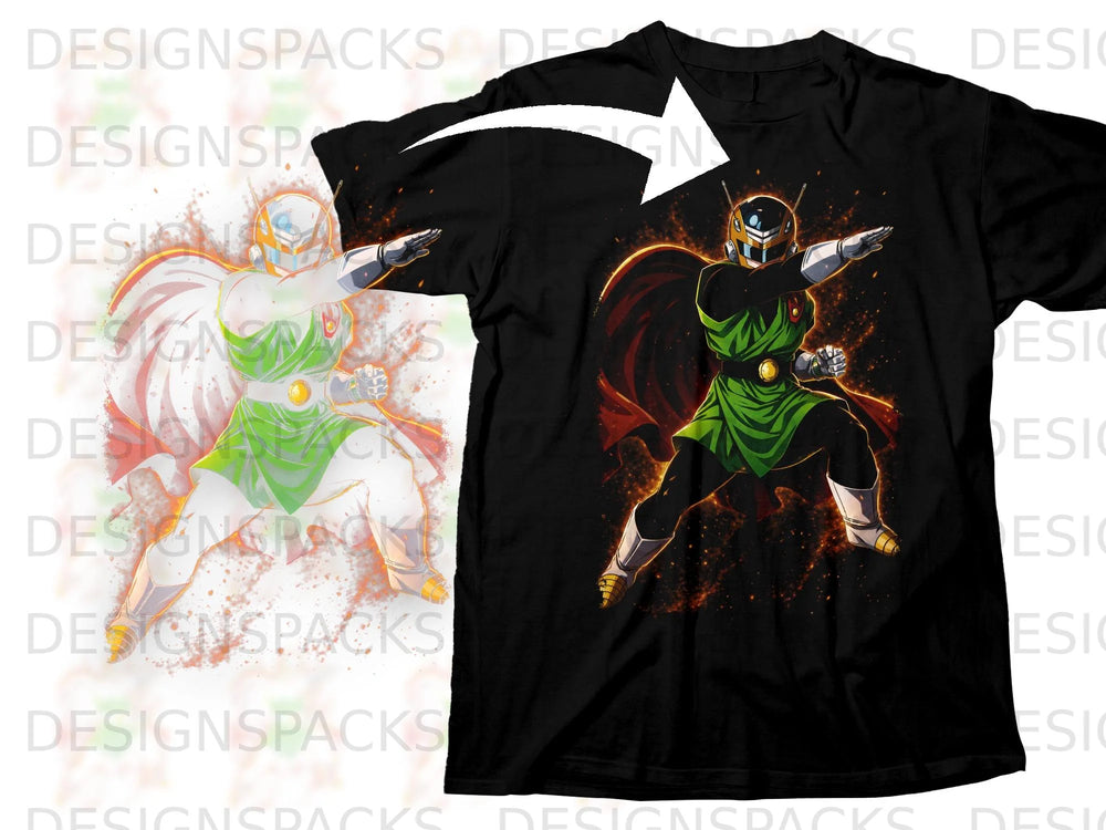 Black t-shirt features anime character in green outfit with orange glow.
