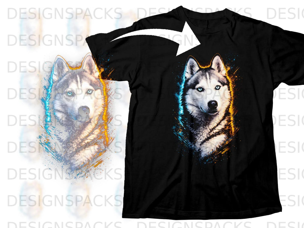 Black t-shirt featuring a graphic of a husky's face with vibrant paint splatters.