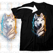 Black t-shirt featuring a graphic of a husky's face with vibrant paint splatters.
