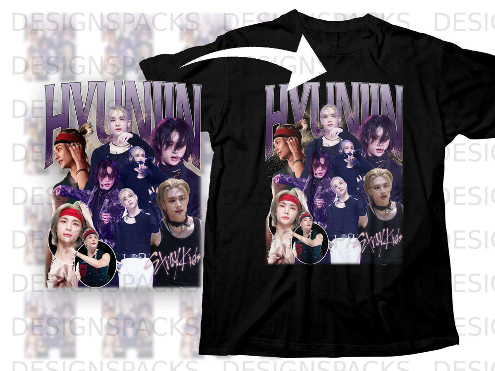 Stray Kids Hyunjin collage on black t-shirt.
