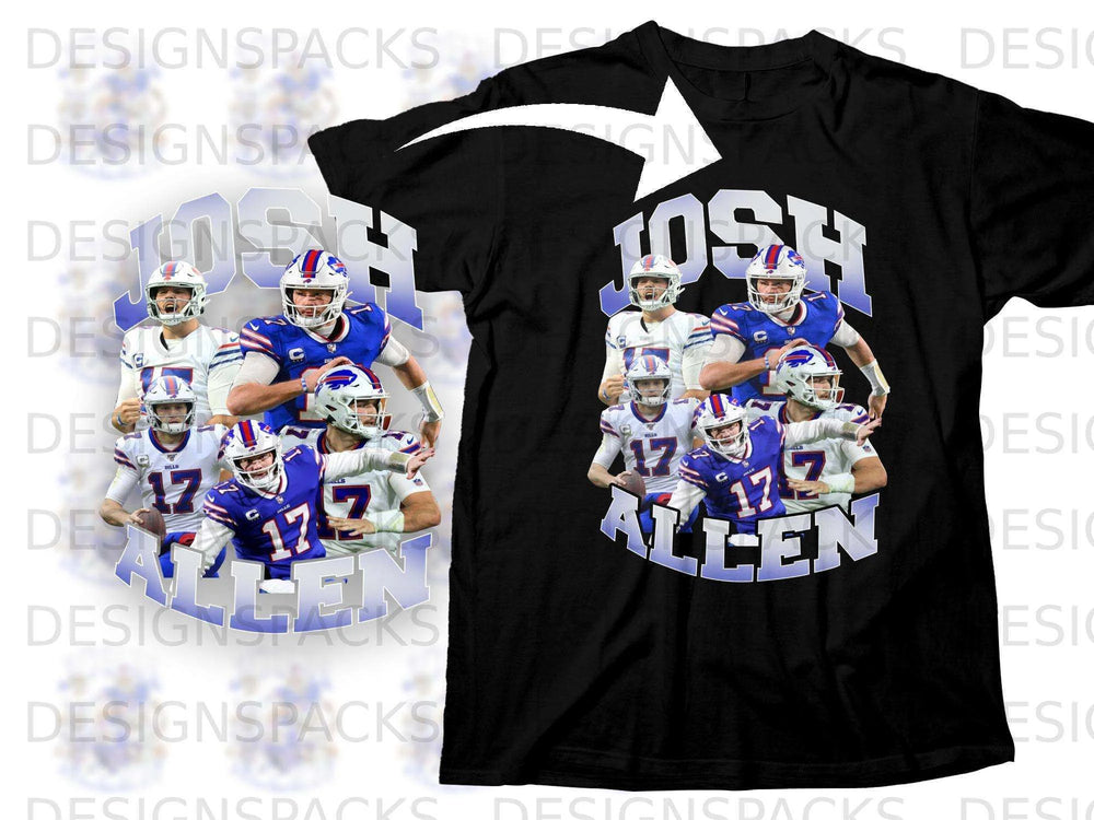 Black t-shirt featuring Josh Allen and Buffalo Bills players.