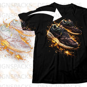 Black t-shirt featuring a graphic of two dark sneakers with fiery orange accents.