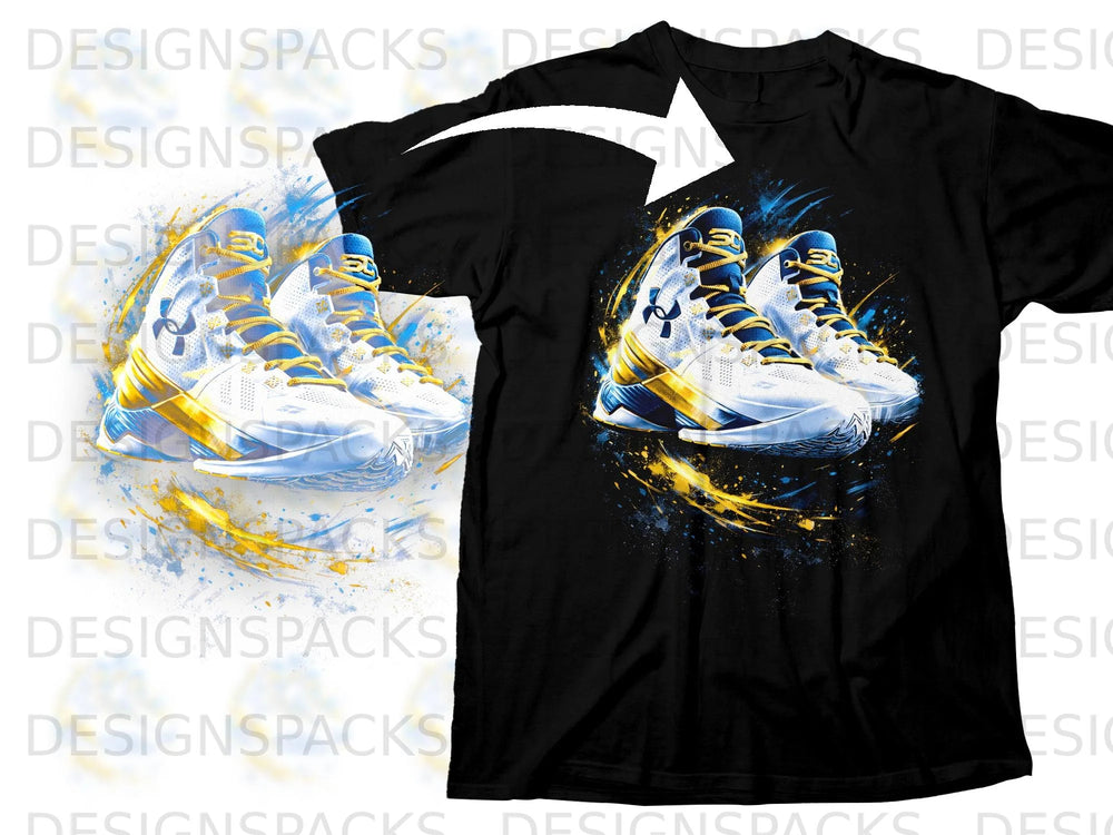 Black t-shirt with blue and gold athletic shoes graphic and abstract paint splatters.