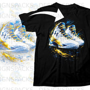 Black t-shirt with blue and gold athletic shoes graphic and abstract paint splatters.
