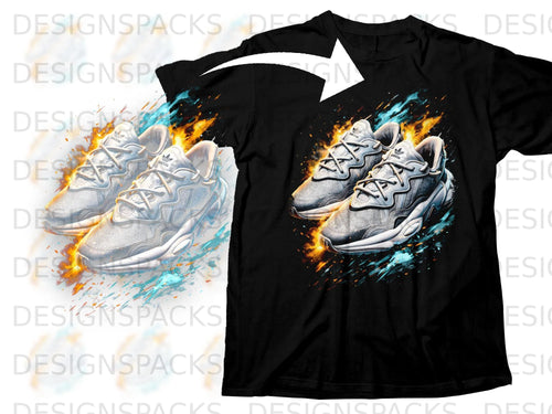Black t-shirt featuring a graphic of two white Adidas sneakers with fire and water effects.