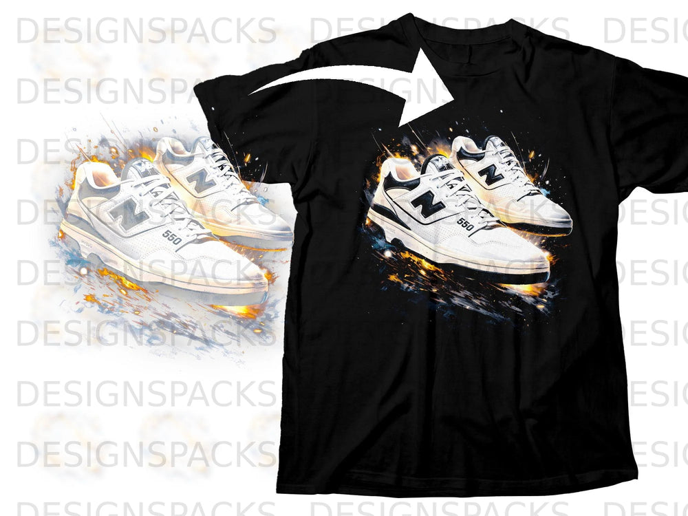 Black t-shirt with a graphic of white New Balance 550 sneakers with fiery accents.