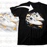 Black t-shirt with a graphic of white New Balance 550 sneakers with fiery accents.