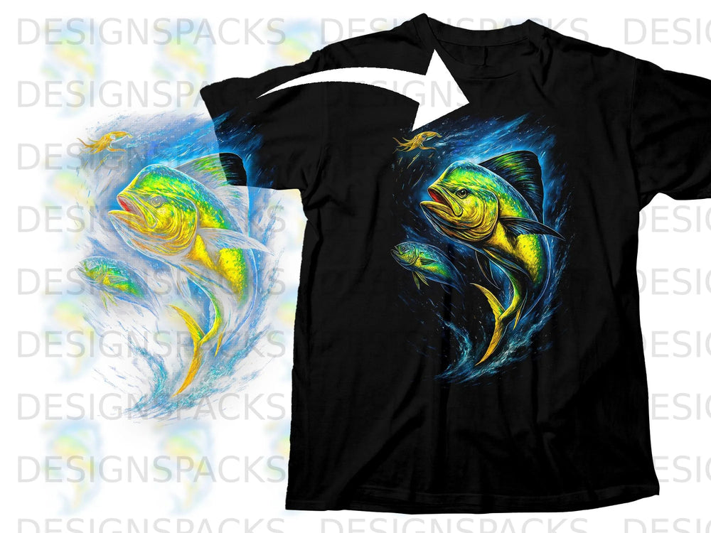Black t-shirt with a vibrant graphic of a dorado fish leaping from water.