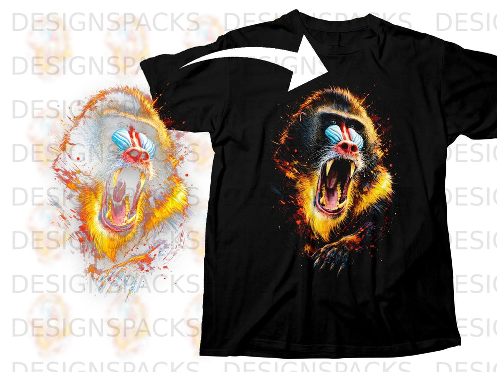 Black t-shirt with a roaring mandrill graphic in vibrant colors.