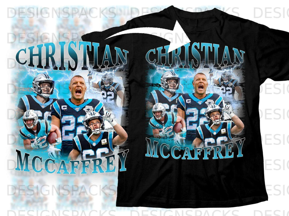 Black t-shirt with Christian McCaffrey graphic and text.