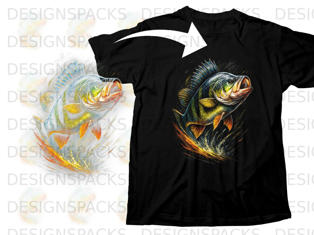 Black t-shirt with a graphic of a vibrant yellow and green fish.