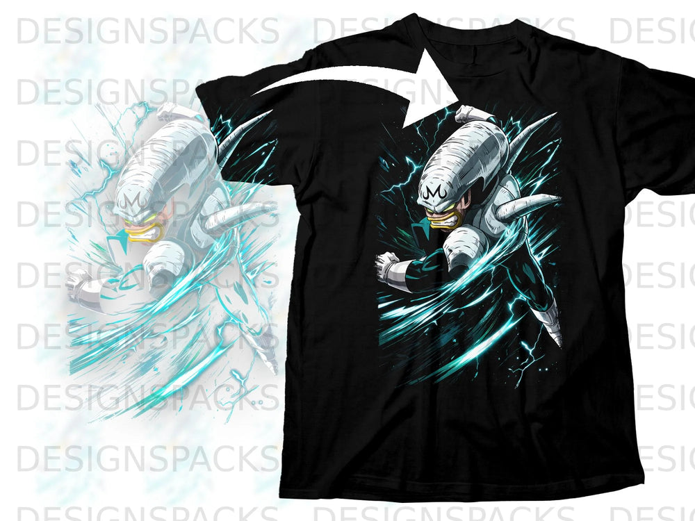 Black t-shirt featuring Majin Vegeta in an action pose surrounded by blue energy.