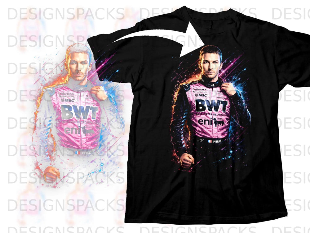 Pierre Gasly in racing suit with BWT logo on a black t-shirt.
