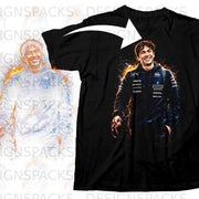 Black t-shirt featuring artwork of a smiling man with team sponsor logos.