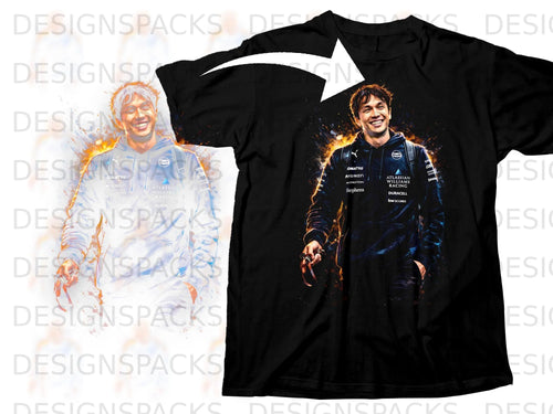 Black t-shirt featuring artwork of a smiling man with team sponsor logos.