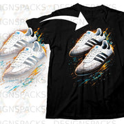 Black t-shirt featuring an artistic print of white Adidas Samba sneakers with colorful paint splatters.
