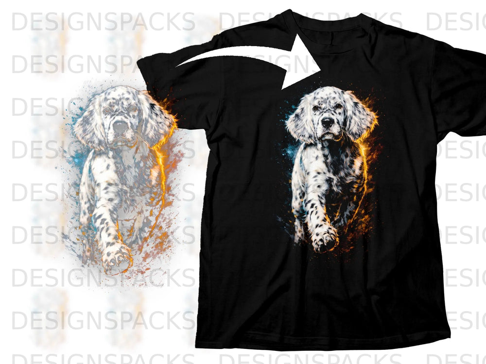 Black t-shirt with a graphic of a white and black spotted dog with abstract colorful splashes.