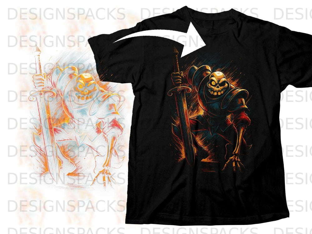 Black t-shirt with graphic of a skeletal warrior holding a sword.