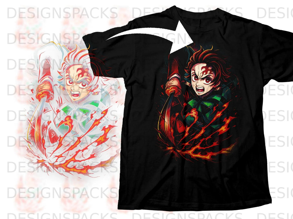 Black t-shirt with animated character wielding a sword and fiery effects.