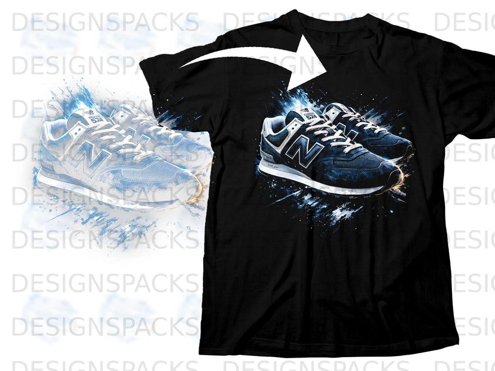 Black t-shirt with graphic of blue New Balance 574 sneakers with paint splash effect.