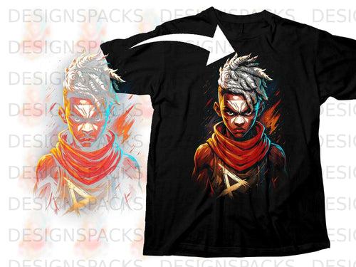Black t-shirt featuring a stylized warrior with white dreadlocks and red scarf.