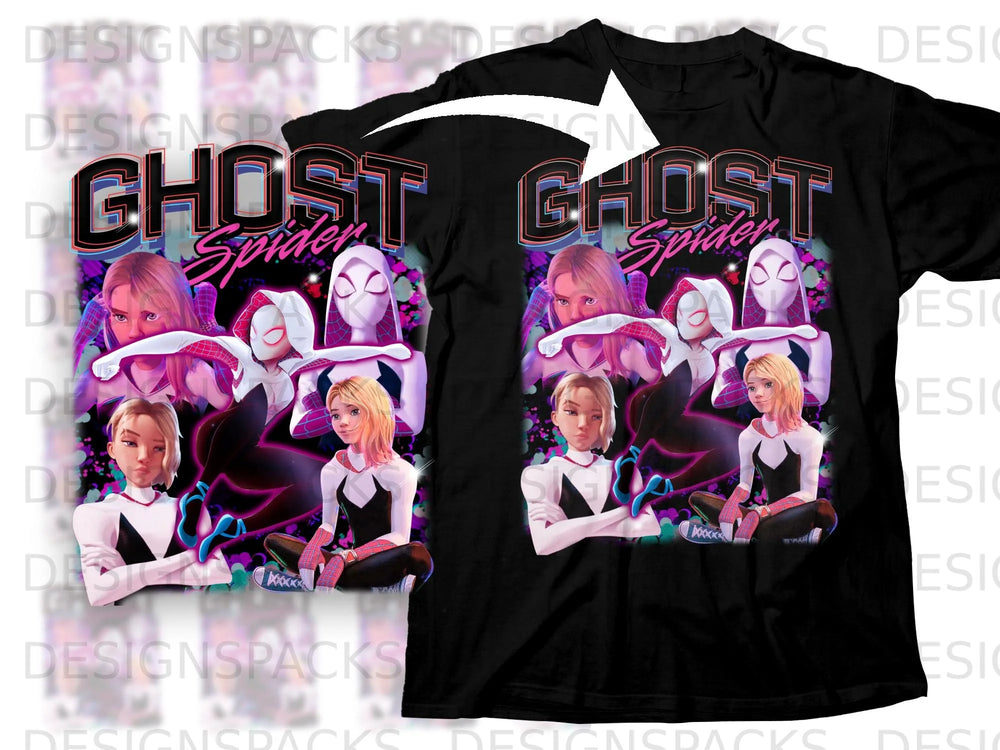Ghost-Spider characters and title on a black t-shirt design.