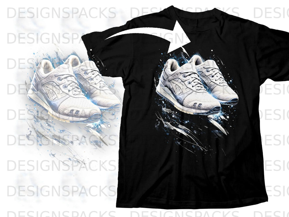 Black t-shirt with a graphic of white sneakers with blue accents and splatter.