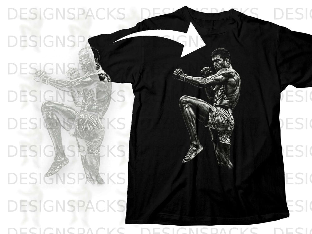 Black t-shirt with a black and white graphic of a fighter performing a knee strike.